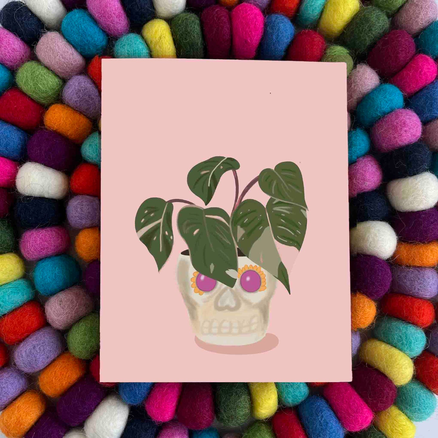 Pink Princess Hand Illustrated Plant in a Calavera Pot Greeting Card